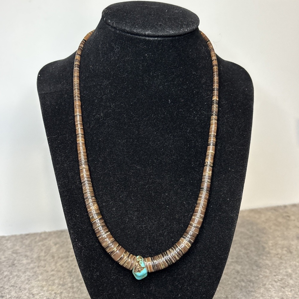 Vintage Southwestern Shell Heishi Necklace Turquoise Nuggett 18" Brown Graduated